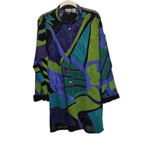 Vintage Chico's Women's Sz 2 (L) Green Blue Silk Jacket Geometric Art to Wear